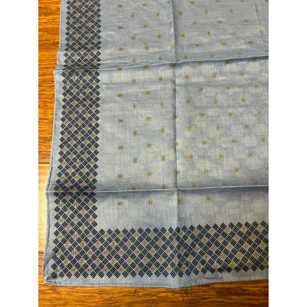 Celine Paris Handkerchief Scarf Blue/Grey Geometric Border Cotton Pocket Square - Picture 4 of 7